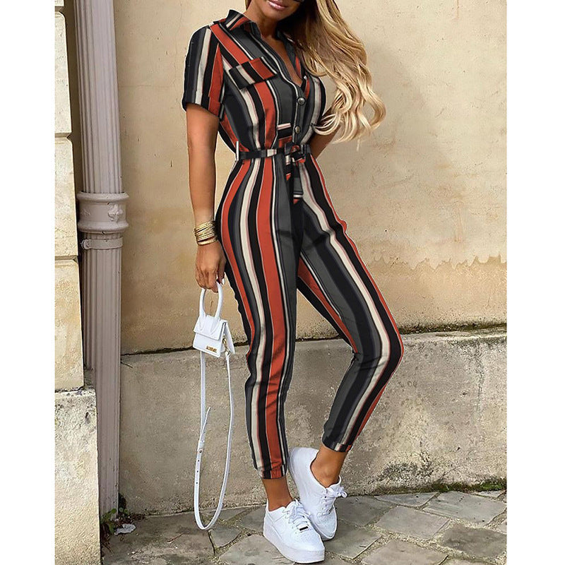 Classic, Casual, Lapel Printed Belt Overalls, Jumpsuit for women