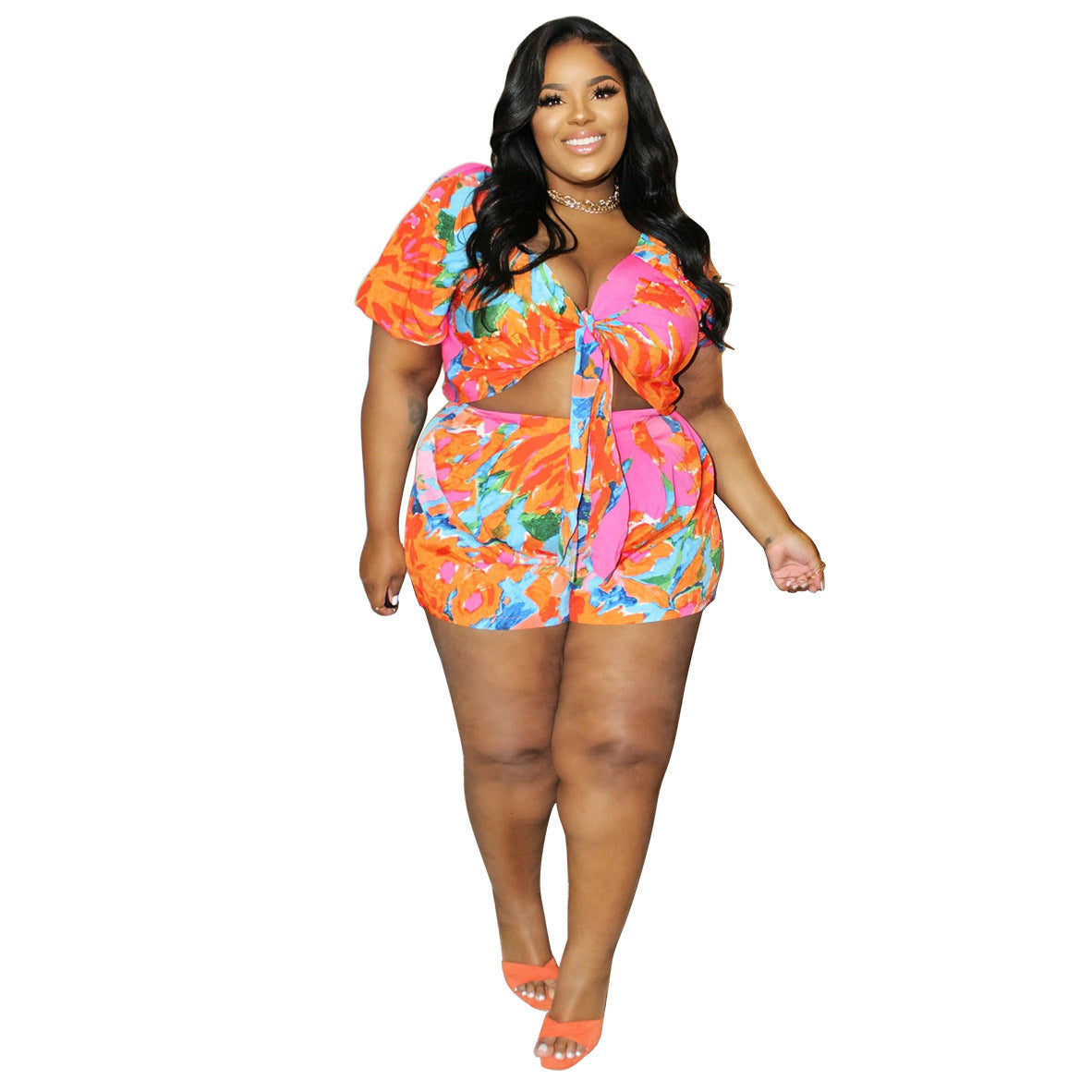 Sexy Casual Hollow Out Tied Digital Printed Two-piece Suit