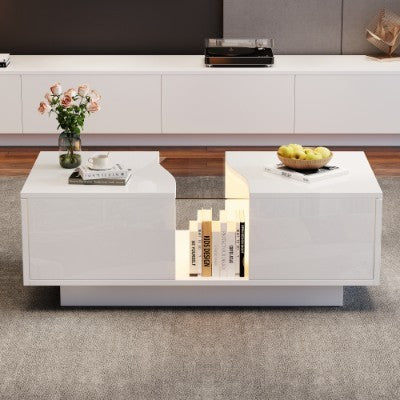 Led Coffee Table With 2 Drawer Storage, High Gloss Coffee Table For Living Room Unique Shape Centre Table With 16-Color Led Lights,End Table For Home Office Furniture, White