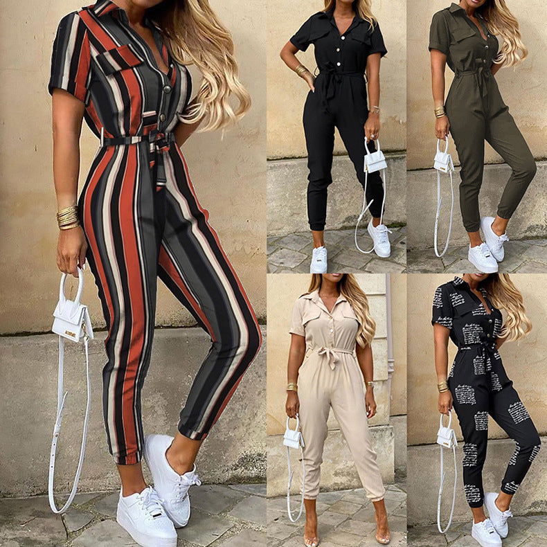 Classic, Casual, Lapel Printed Belt Overalls, Jumpsuit for women