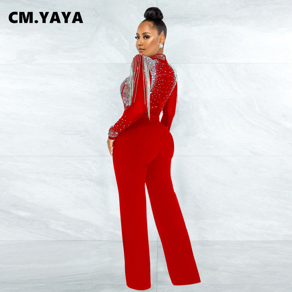 CM.YAYA Women Jumpsuit Solid High Collar Hot Drill Mesh Shoulder Cotton Long Sleeves Long Straight Jumpsuit Sexy Party Outfits