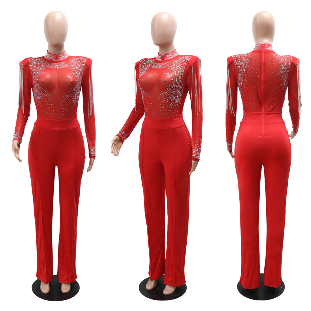 CM.YAYA Women Jumpsuit Solid High Collar Hot Drill Mesh Shoulder Cotton Long Sleeves Long Straight Jumpsuit Sexy Party Outfits