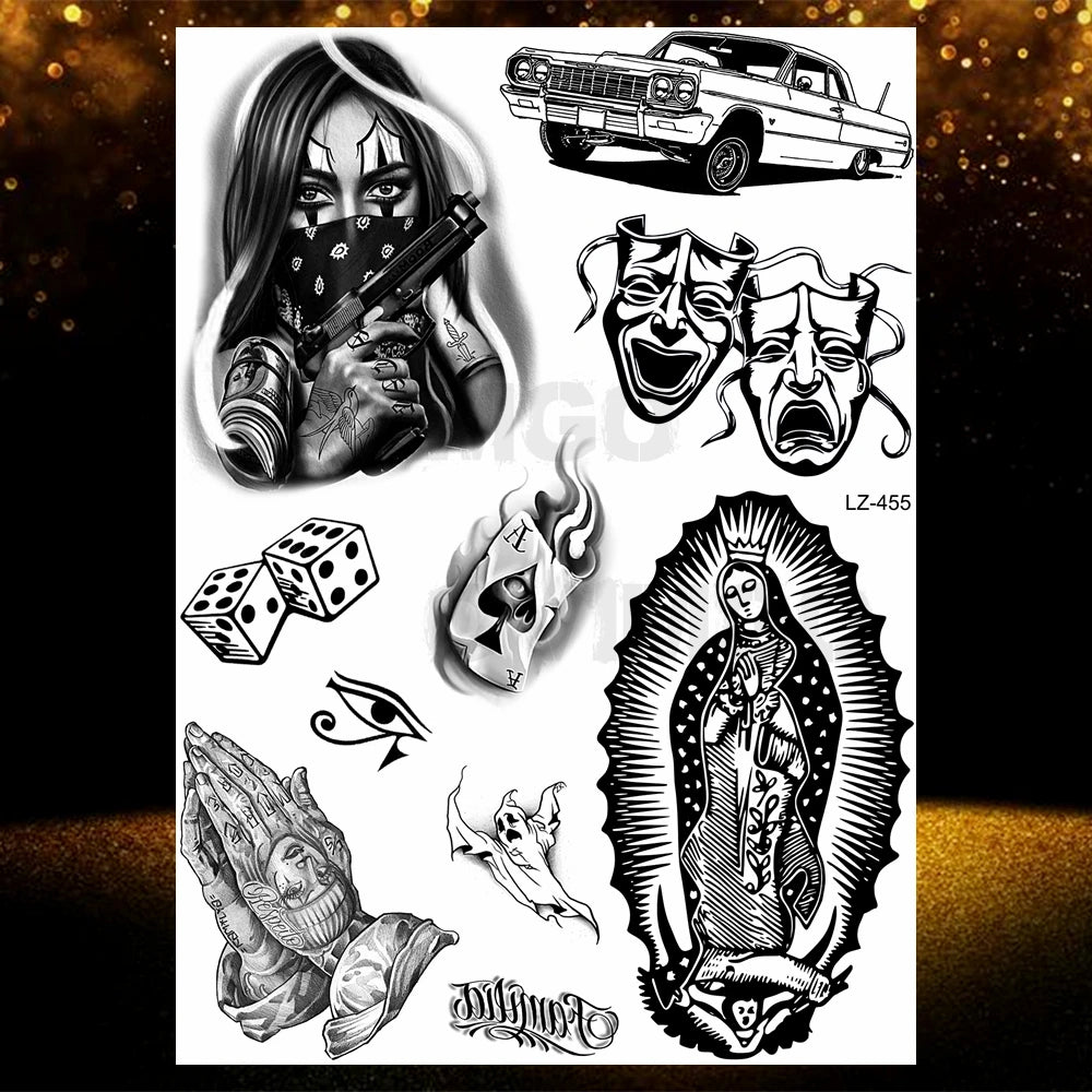 Chicano Bandit Mexico Temporary Tattoos For Men Women Fake Car Nun Tattoo religion Stickers Realistic Back Waterproof Tatoos