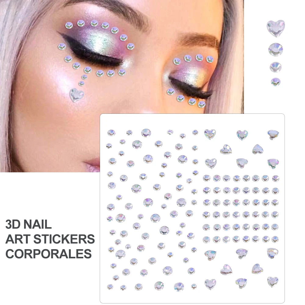 1Sheet Face 3D Diamond Tattoo Stickers Colored Round/Square/Star/Moon/Heart/Drop Rhinestone Shiny DIY Body Makeup Gems Tattoos *