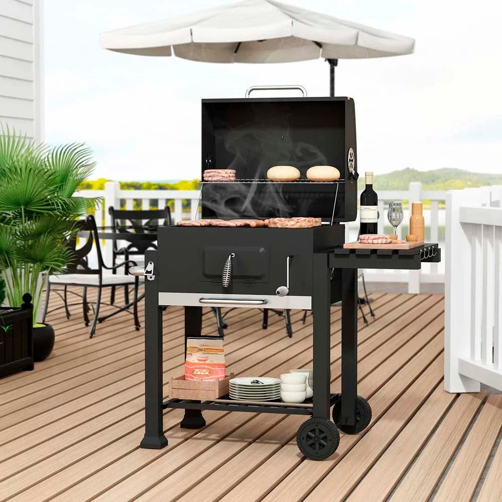 【Breeins】Charcoal Grill, Adjustable Charcoal Tray, Pull-out Ash Tray, Heavy Duty Barbecue Grill with Wheels