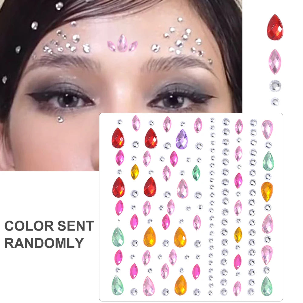 1Sheet Face 3D Diamond Tattoo Stickers Colored Round/Square/Star/Moon/Heart/Drop Rhinestone Shiny DIY Body Makeup Gems Tattoos *