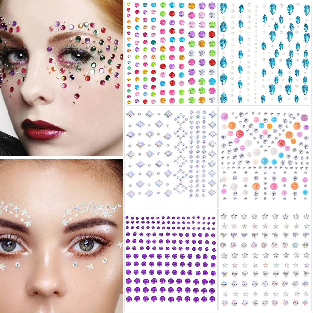 1Sheet Face 3D Diamond Tattoo Stickers Colored Round/Square/Star/Moon/Heart/Drop Rhinestone Shiny DIY Body Makeup Gems Tattoos *