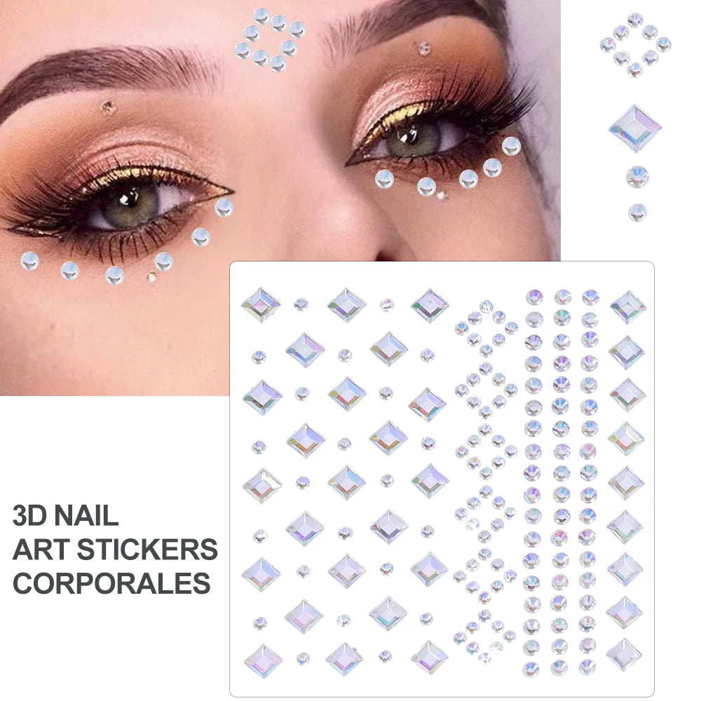 1Sheet Face 3D Diamond Tattoo Stickers Colored Round/Square/Star/Moon/Heart/Drop Rhinestone Shiny DIY Body Makeup Gems Tattoos *