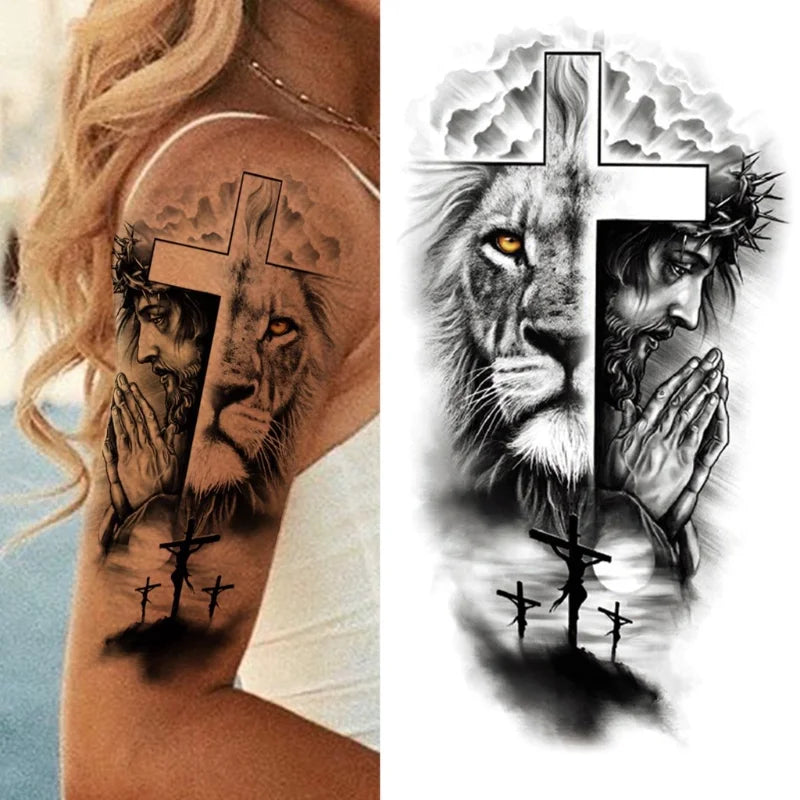 1 Sheet Lion Cross Tattoo Sticker Waterproof Lasting Temporary Tattoo