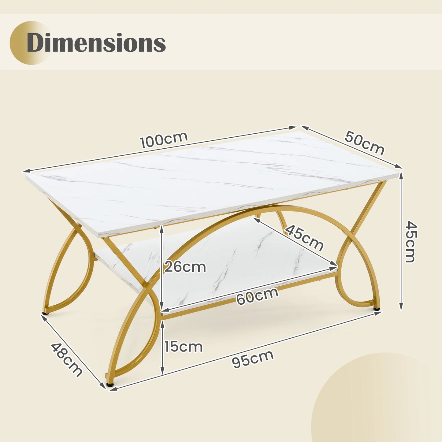 GOFLAME 2-Tier Modern Coffee Table with Arched Metal Frame & Adjustable Foot Pads