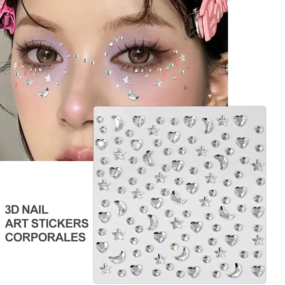 1Sheet Face 3D Diamond Tattoo Stickers Colored Round/Square/Star/Moon/Heart/Drop Rhinestone Shiny DIY Body Makeup Gems Tattoos *