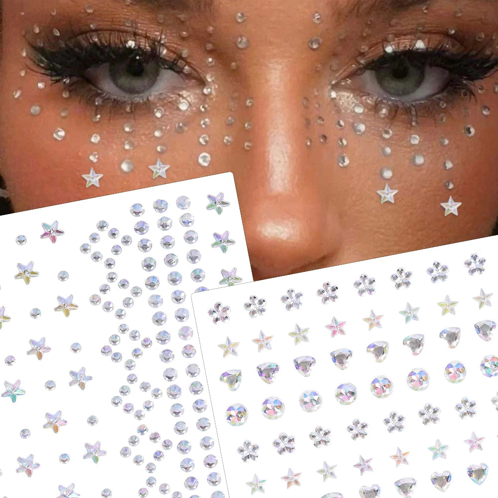 1Sheet Face 3D Diamond Tattoo Stickers Colored Round/Square/Star/Moon/Heart/Drop Rhinestone Shiny DIY Body Makeup Gems Tattoos *