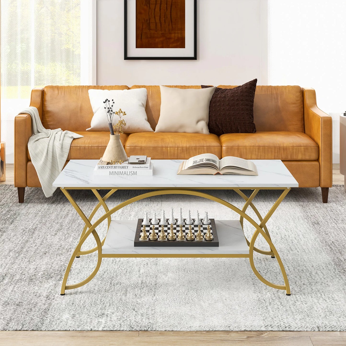 GOFLAME 2-Tier Modern Coffee Table with Arched Metal Frame & Adjustable Foot Pads