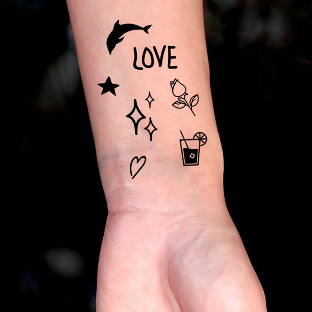 10pcs Waterproof Temporary Tattoo Sticker Dark Small Symbol Emoticon Flower Skull Body Art Arm Fake Tattoos Women Men Neck Hand