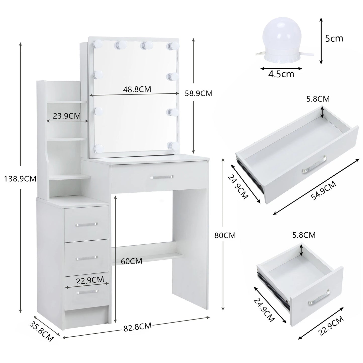 LED Vanity Table with Sliding Mirror, White Makeup Desk 4 Drawers Stool, Dressing Table for Women, Glam Furniture