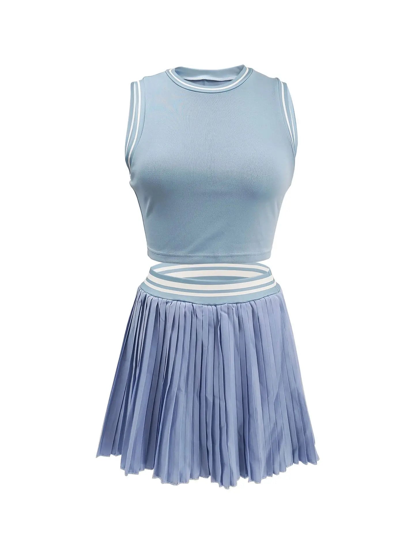 Women O-neck Mini Tank Top and Pleated Mini Skirt Suit. Fitness 2Piece Set Outfit.