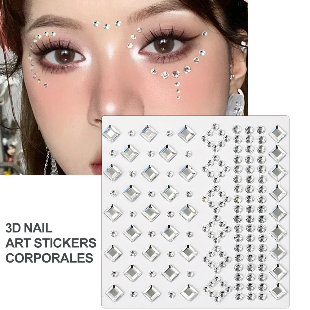 1Sheet Face 3D Diamond Tattoo Stickers Colored Round/Square/Star/Moon/Heart/Drop Rhinestone Shiny DIY Body Makeup Gems Tattoos *