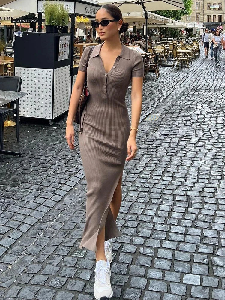 Classy Kliou Lady Dress. Button Side Slit Body, with Turn-down Collar Short Sleeve-Shaping