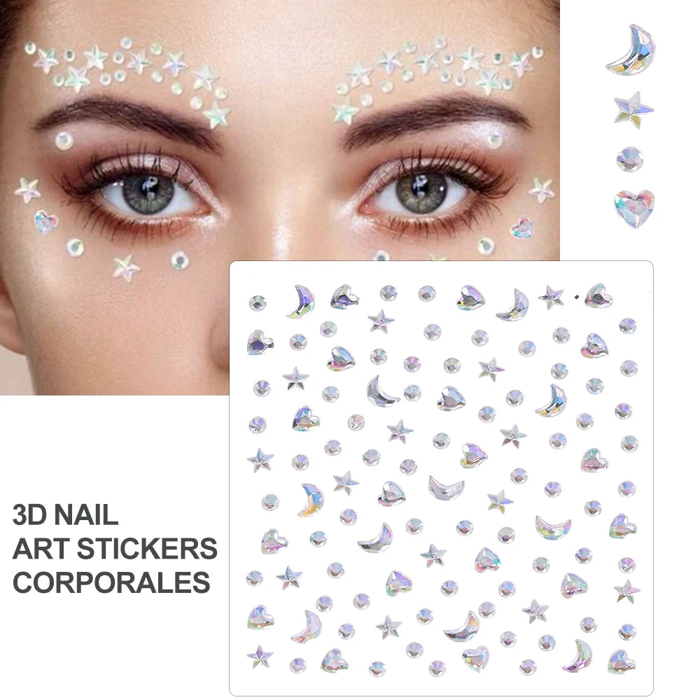 1Sheet Face 3D Diamond Tattoo Stickers Colored Round/Square/Star/Moon/Heart/Drop Rhinestone Shiny DIY Body Makeup Gems Tattoos *