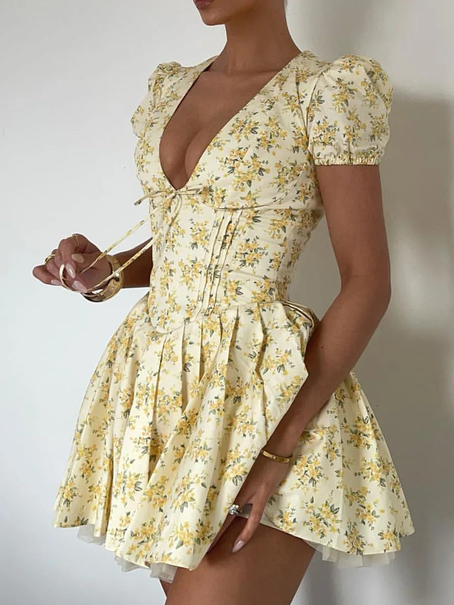 Talenza Printed V-Neck Short Sleeve Mini Dress Women's Summer Sexy Floral Pleated Party A-Line Dress High Waist Slim Mini Dress