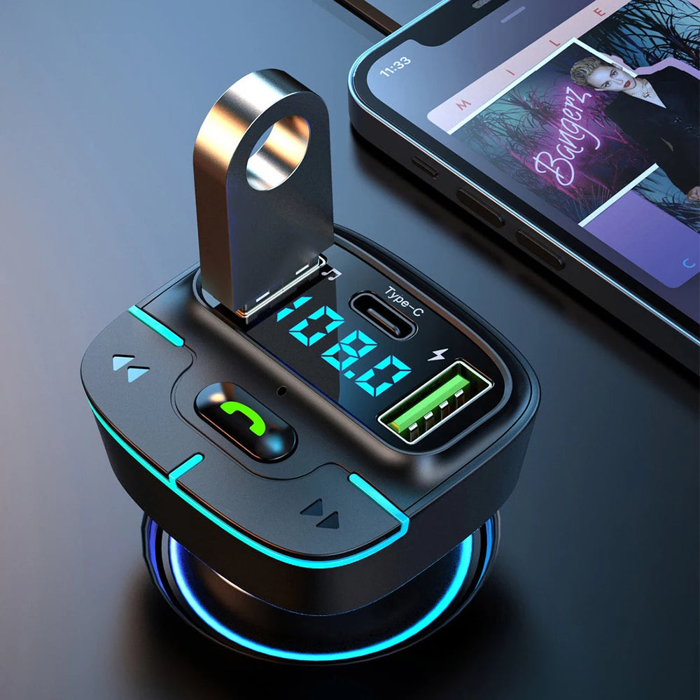 Car Bluetooth 5.3 FM Transmitter Wireless Audio Receiver Car MP3 Player PD Fast Charger Ambient Light Charger