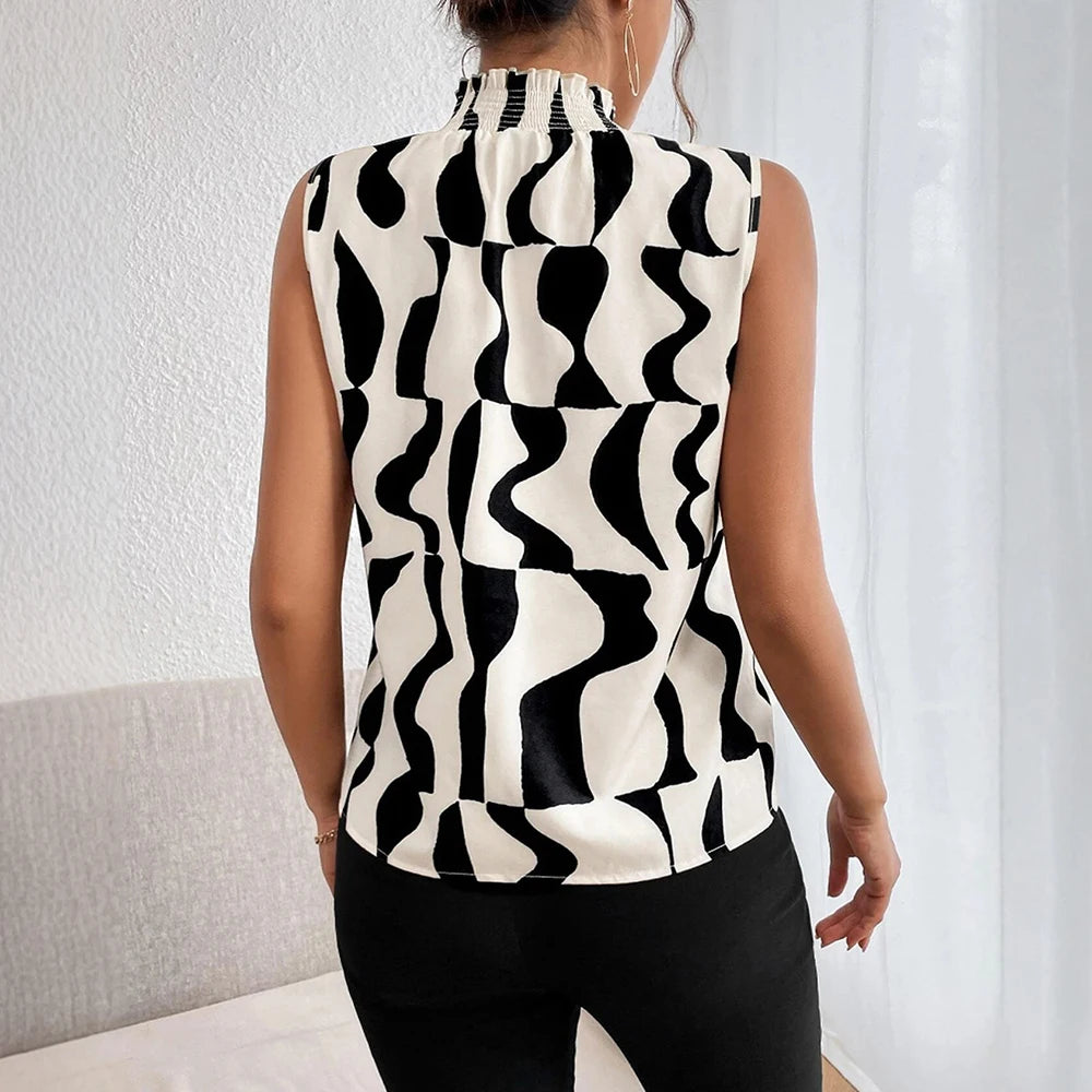 Mia Muse Blouses Spring Summer Casual Hotsweet Irregular Grain Contrast Color Sleeveless High Neck Daily Blouses for Women