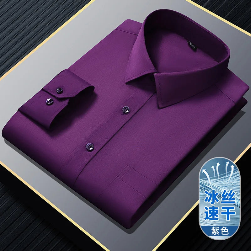 S~8XL Top Quality Elasticity Anti-Wrinkle Mens Shirts Long Sleeves Slim Fit Camisa Business Formal Blouse Social White Shirt Men