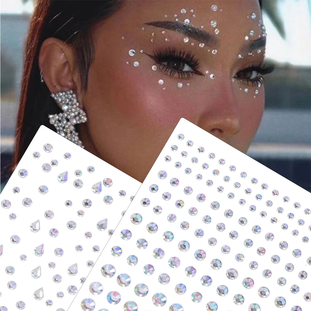 1Sheet Face 3D Diamond Tattoo Stickers Colored Round/Square/Star/Moon/Heart/Drop Rhinestone Shiny DIY Body Makeup Gems Tattoos *