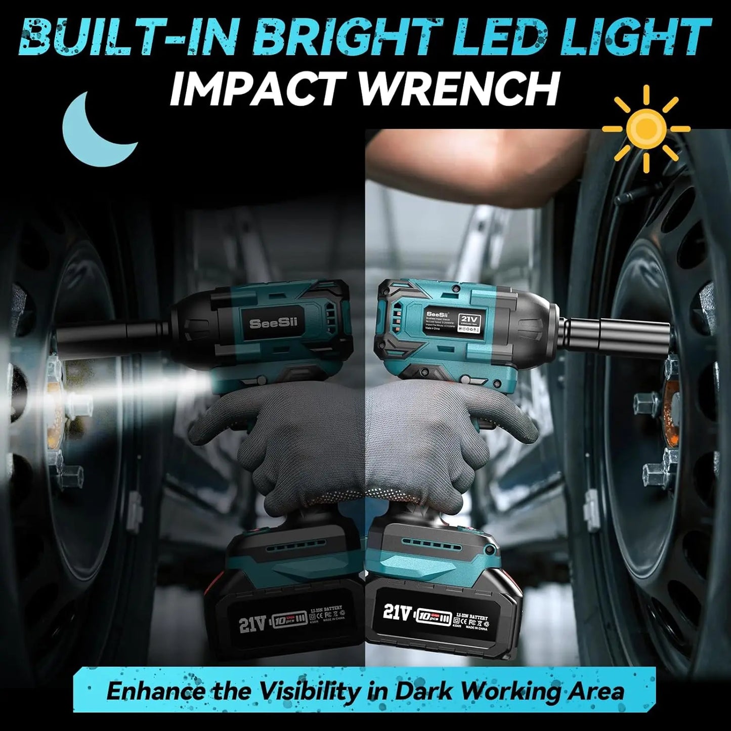 Seesii Impact Wrench Cordless 550N.m Power Impact Gun 1/2 Inch 3300RPM Electric Wrench WH550 4.0Ah Battery for Makita Car Repair
