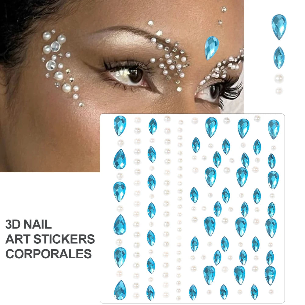 1Sheet Face 3D Diamond Tattoo Stickers Colored Round/Square/Star/Moon/Heart/Drop Rhinestone Shiny DIY Body Makeup Gems Tattoos *