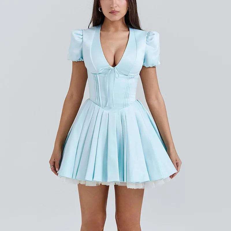 Talenza Printed V-Neck Short Sleeve Mini Dress Women's Summer Sexy Floral Pleated Party A-Line Dress High Waist Slim Mini Dress