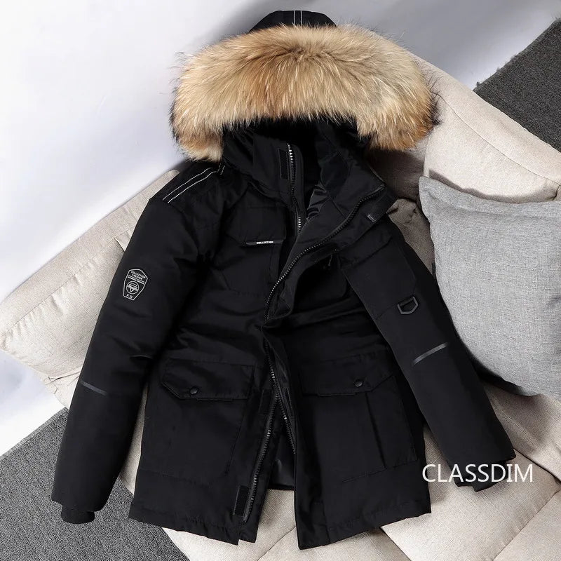 Duck Down winter Coats, Hooded Fur Collar, Casual Long Puffer Jackets Quality for Men