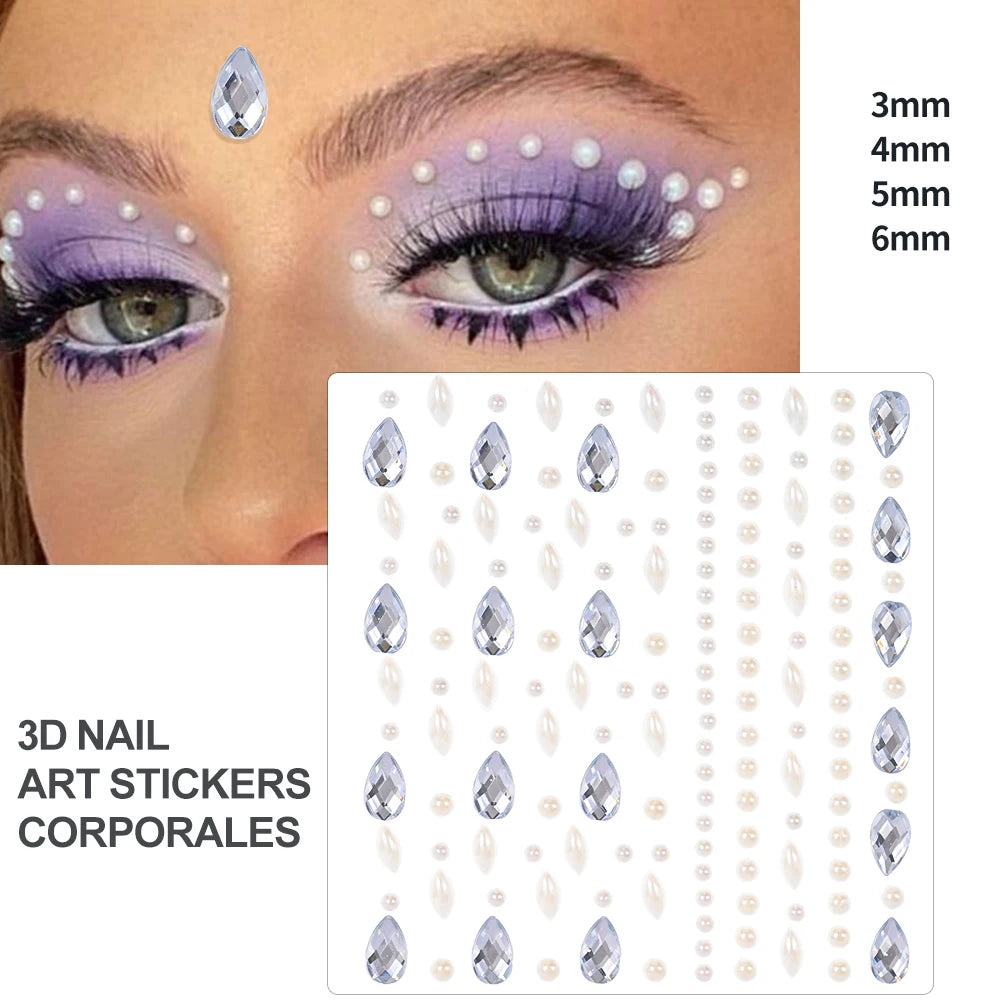 1Sheet Face 3D Diamond Tattoo Stickers Colored Round/Square/Star/Moon/Heart/Drop Rhinestone Shiny DIY Body Makeup Gems Tattoos *