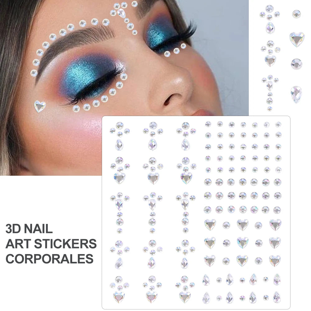 1Sheet Face 3D Diamond Tattoo Stickers Colored Round/Square/Star/Moon/Heart/Drop Rhinestone Shiny DIY Body Makeup Gems Tattoos *