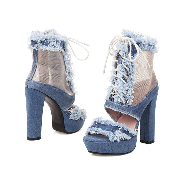 LeShion Of Chanmeb Women Denim Sandals High Heels Platform Tassel Fringe Jean Gladiator Sandals Ladies Mesh Net Summer Boots New