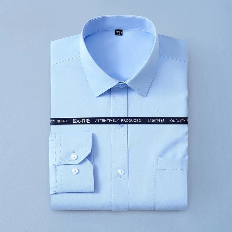 New Men Formal Shirt Long Sleeve Office Solid Color Anti-Wrinkle Fashion Business Pocket White Social Pocket Shirts 5XL 6XL 7XL