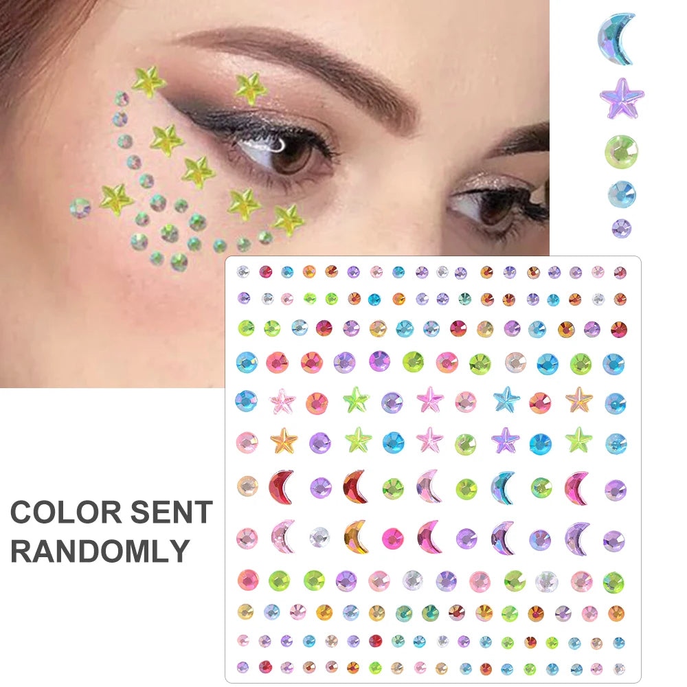 1Sheet Face 3D Diamond Tattoo Stickers Colored Round/Square/Star/Moon/Heart/Drop Rhinestone Shiny DIY Body Makeup Gems Tattoos *