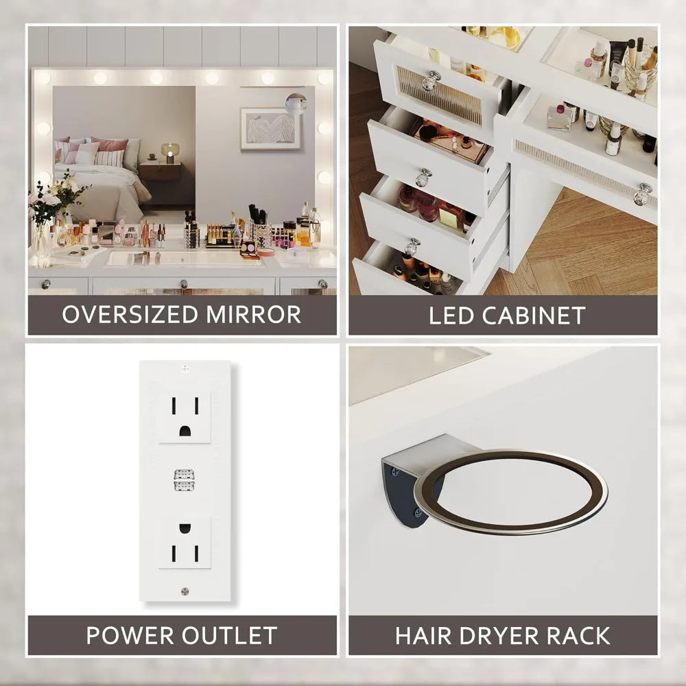 LED Makeup Vanity Desk - Large Mirror Drawers & Charging Station