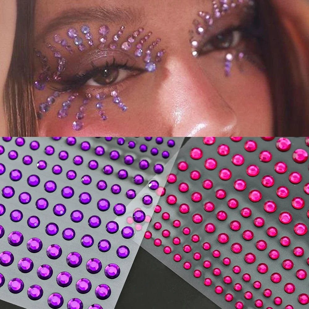 1Sheet Face 3D Diamond Tattoo Stickers Colored Round/Square/Star/Moon/Heart/Drop Rhinestone Shiny DIY Body Makeup Gems Tattoos *
