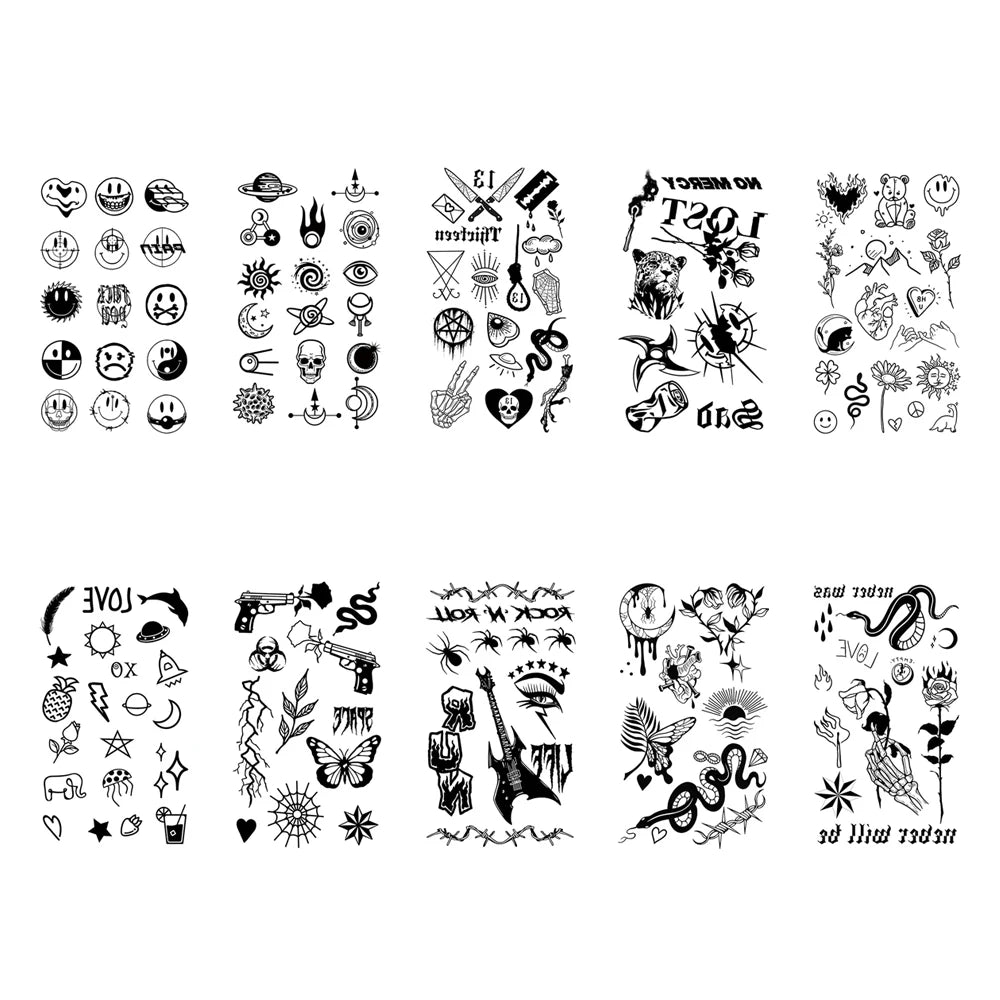 10pcs Waterproof Temporary Tattoo Sticker Dark Small Symbol Emoticon Flower Skull Body Art Arm Fake Tattoos Women Men Neck Hand