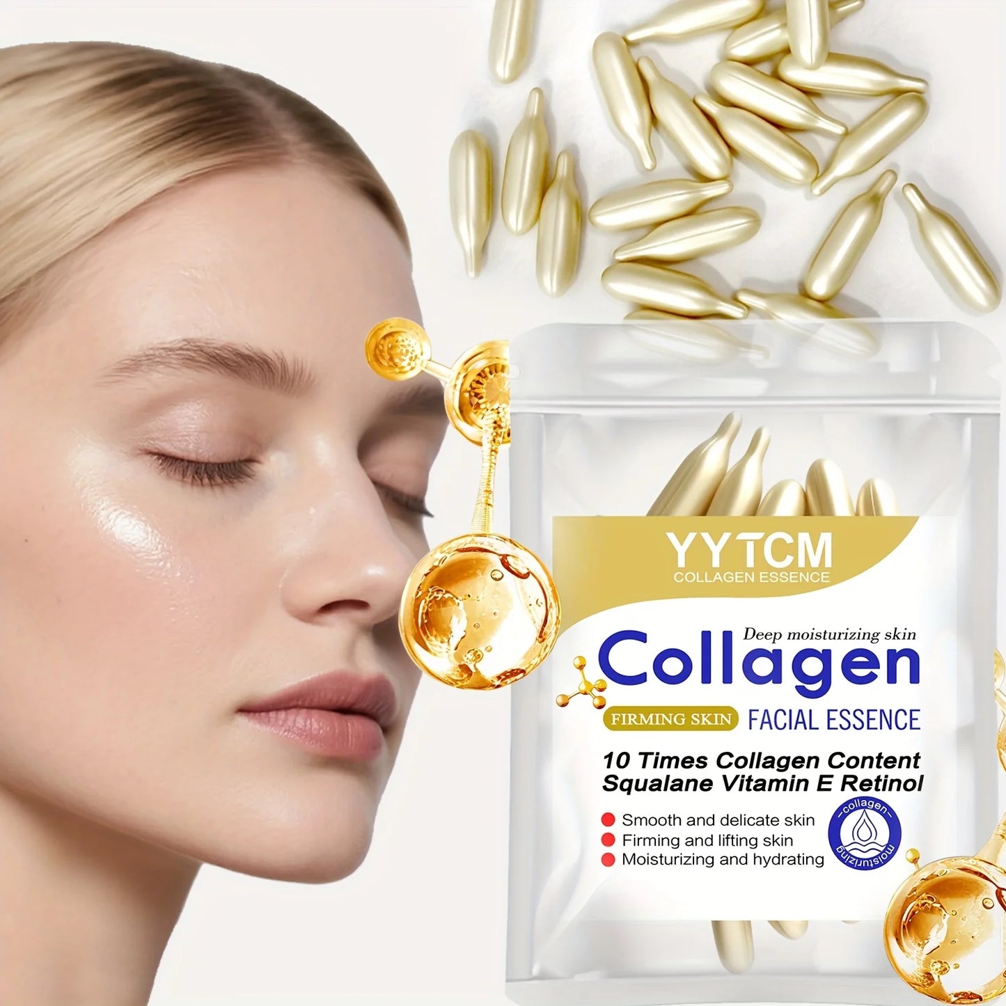 Collagen Firming Capsule Essence, Moisturizing and Hydrating for Smooth Skin, Contains Plant-Based Squalane, Retinol, and Vitamin E Deep Hydration Essence (0.4Gx30 Capsules)/Bag-1 Bag