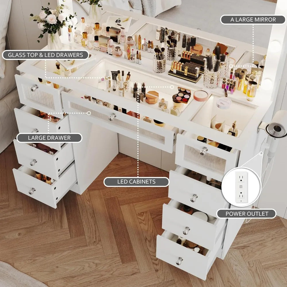 LED Makeup Vanity Desk - Large Mirror Drawers & Charging Station