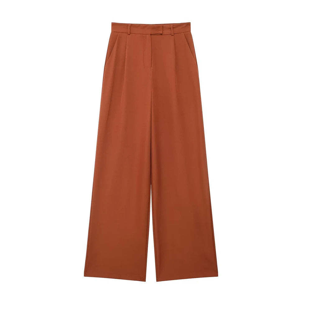 TRZA Women Fashion With Darts Front Pockets Wide Leg Pants Vintage High Waist Zipper Fly Female Trousers Mujer