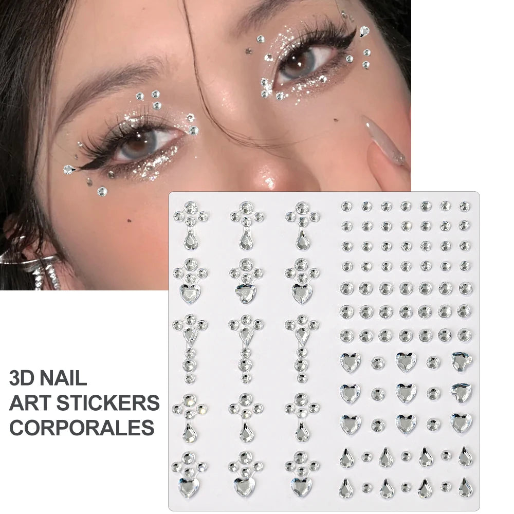 1Sheet Face 3D Diamond Tattoo Stickers Colored Round/Square/Star/Moon/Heart/Drop Rhinestone Shiny DIY Body Makeup Gems Tattoos *