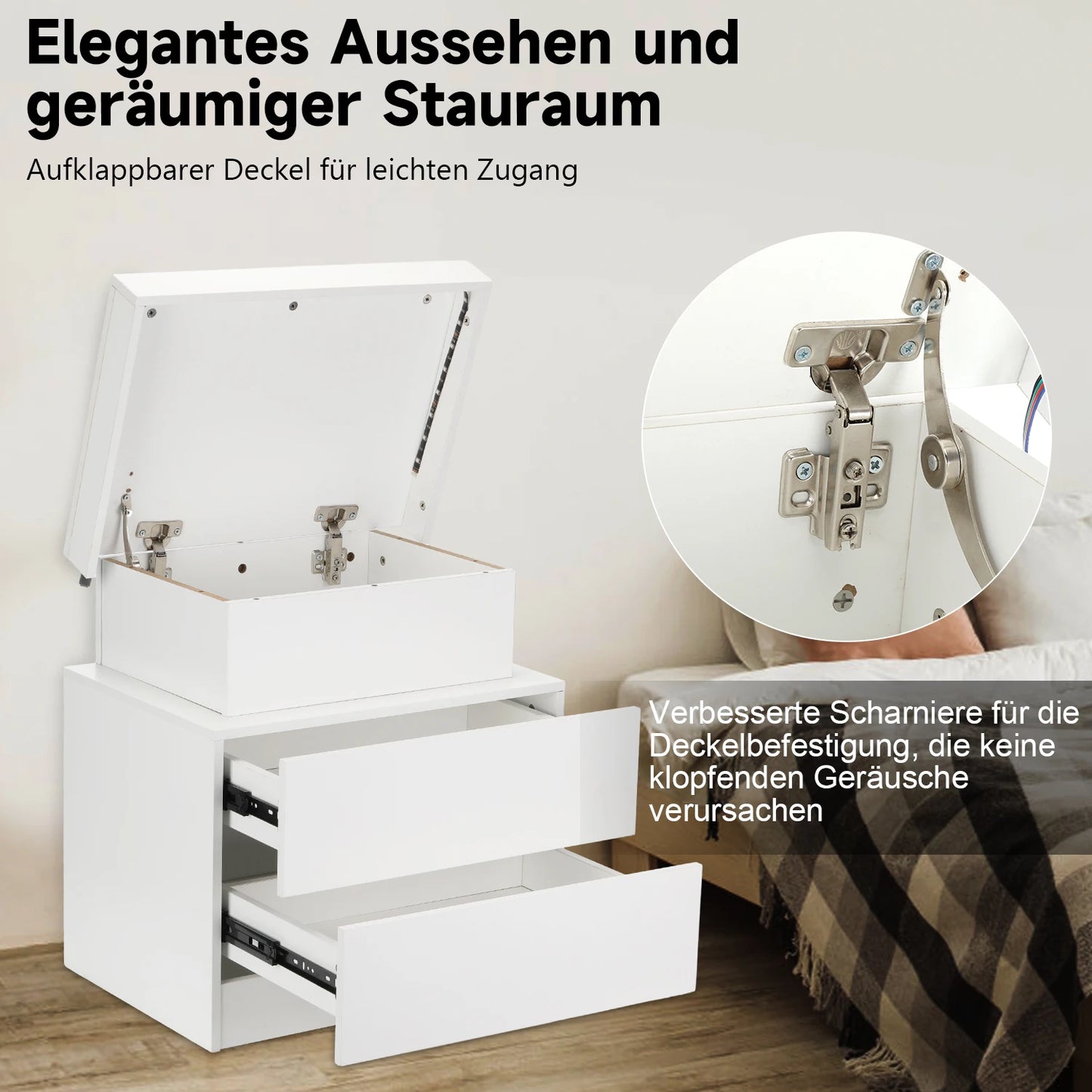 LED Bedside Table with 2 Drawers and 1 Top Drawer, Bedside Cabinet with 4-side High Gloss, 16 RGB LED Colours, Side Table Nights