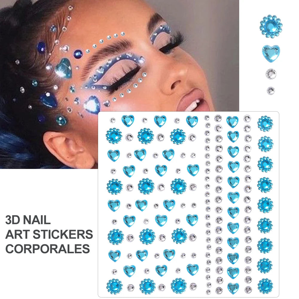 1Sheet Face 3D Diamond Tattoo Stickers Colored Round/Square/Star/Moon/Heart/Drop Rhinestone Shiny DIY Body Makeup Gems Tattoos *