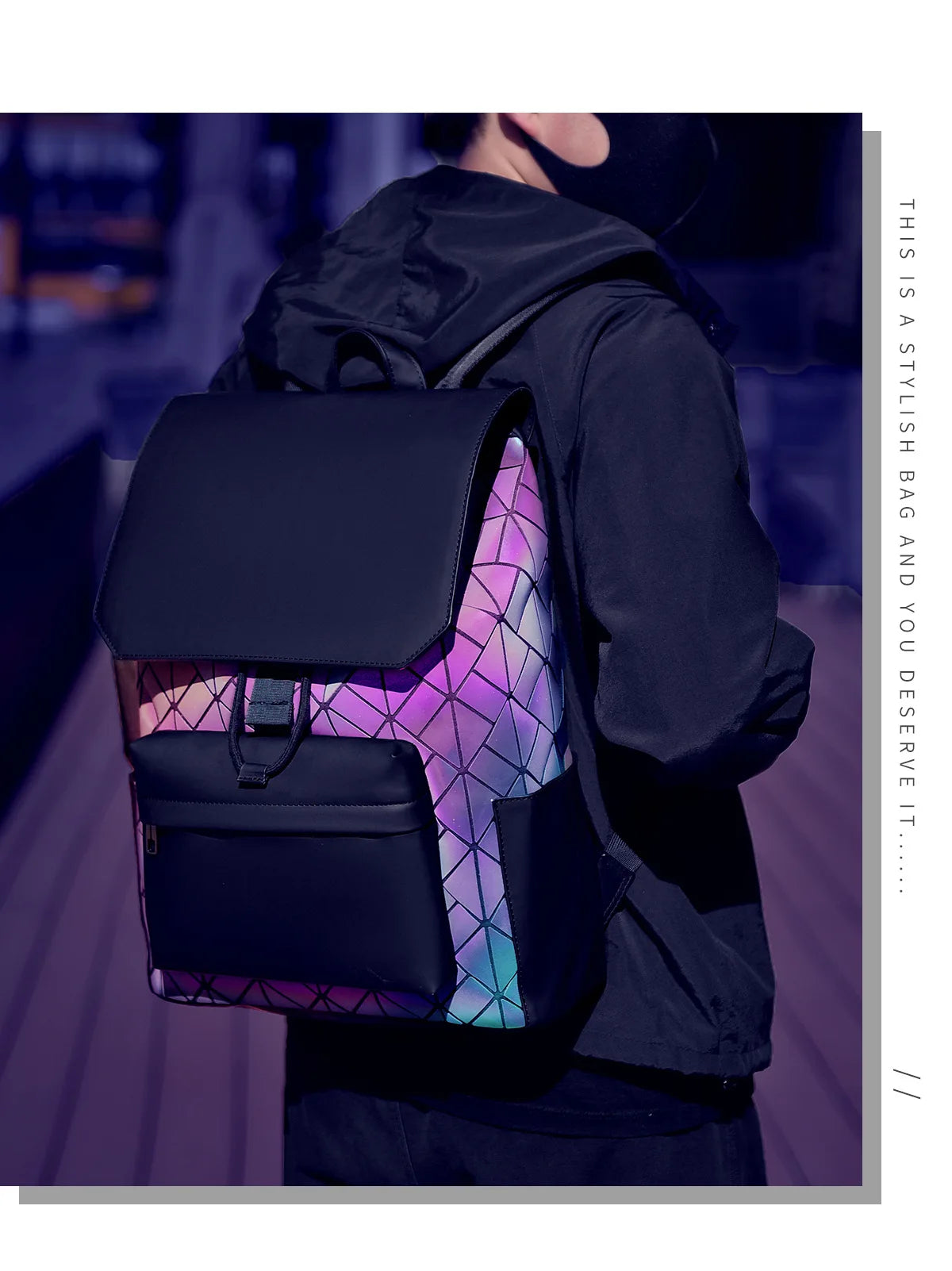 Trendy Brand Backpack Men's Bag Rhombus Laser Reflective Student School Bag Large Capacity Commuter Computer Bag