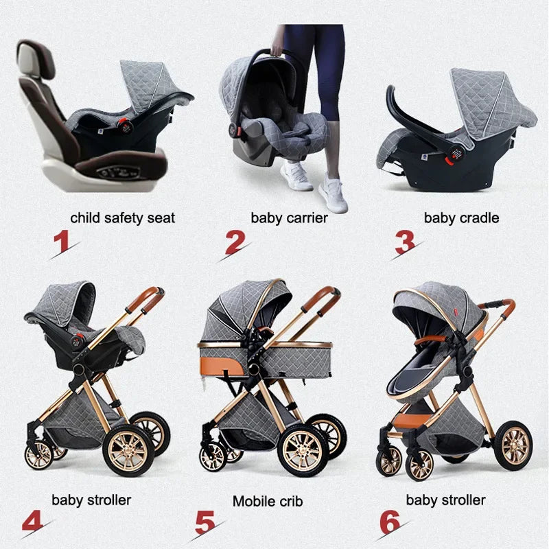 3-in-1 High Landscape Baby Stroller - Sit & Lie Folding Shock-Absorbing 0-3 Years