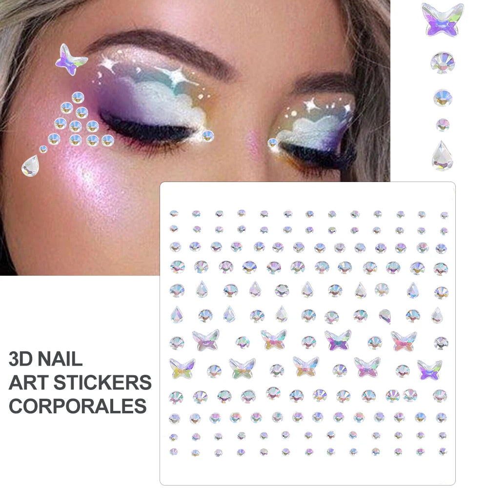 1Sheet Face 3D Diamond Tattoo Stickers Colored Round/Square/Star/Moon/Heart/Drop Rhinestone Shiny DIY Body Makeup Gems Tattoos *