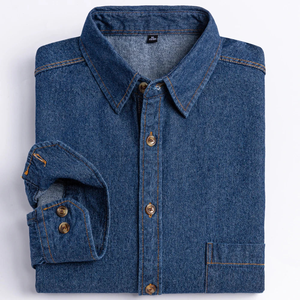 Men's Denim Casual Long Sleeve Pocket Shirt. Regular-Fit Comfortable Soft. 100% Cotton Washed Durability